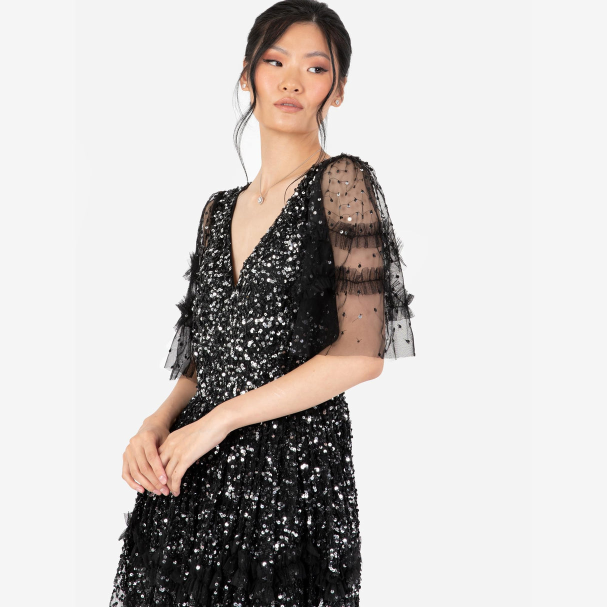 Maya Deluxe Women's Maxi Dress Ladies V-Neck Sequin Embellished Ruffle Detail for Wedding Guest Bridesmaid Prom Occasion Ball Gown Vestidos, Negro, 46 para Mujer