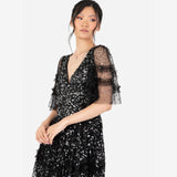 Maya Deluxe Women's Maxi Dress Ladies V-Neck Sequin Embellished Ruffle Detail for Wedding Guest Bridesmaid Prom Occasion Ball Gown Vestidos, Negro, 46 para Mujer