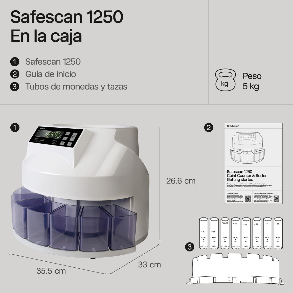 Safescan 1250 EUR Contadora de monedas cuenta valor y clasifica monedas mezcladas de euro - Clasificadora de monedas separando por denominación - Máquina contadora que cuenta monedas de forma continua