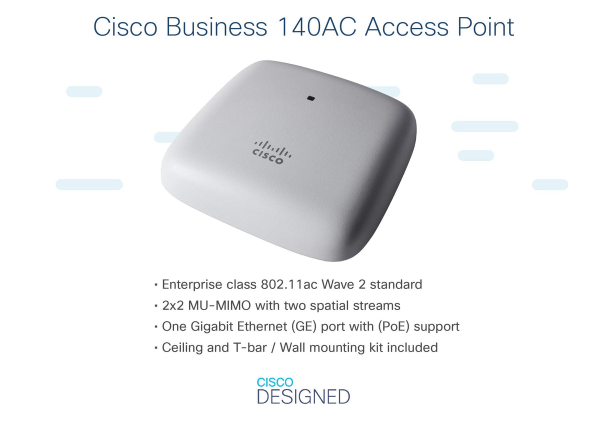 Cisco Punto de acceso Cisco Business 140AC 802.11ac 2x2 (Wave 2), 1 puerto GbE, montaje en techo, protección limitada de por vida (CBW140AC-E)