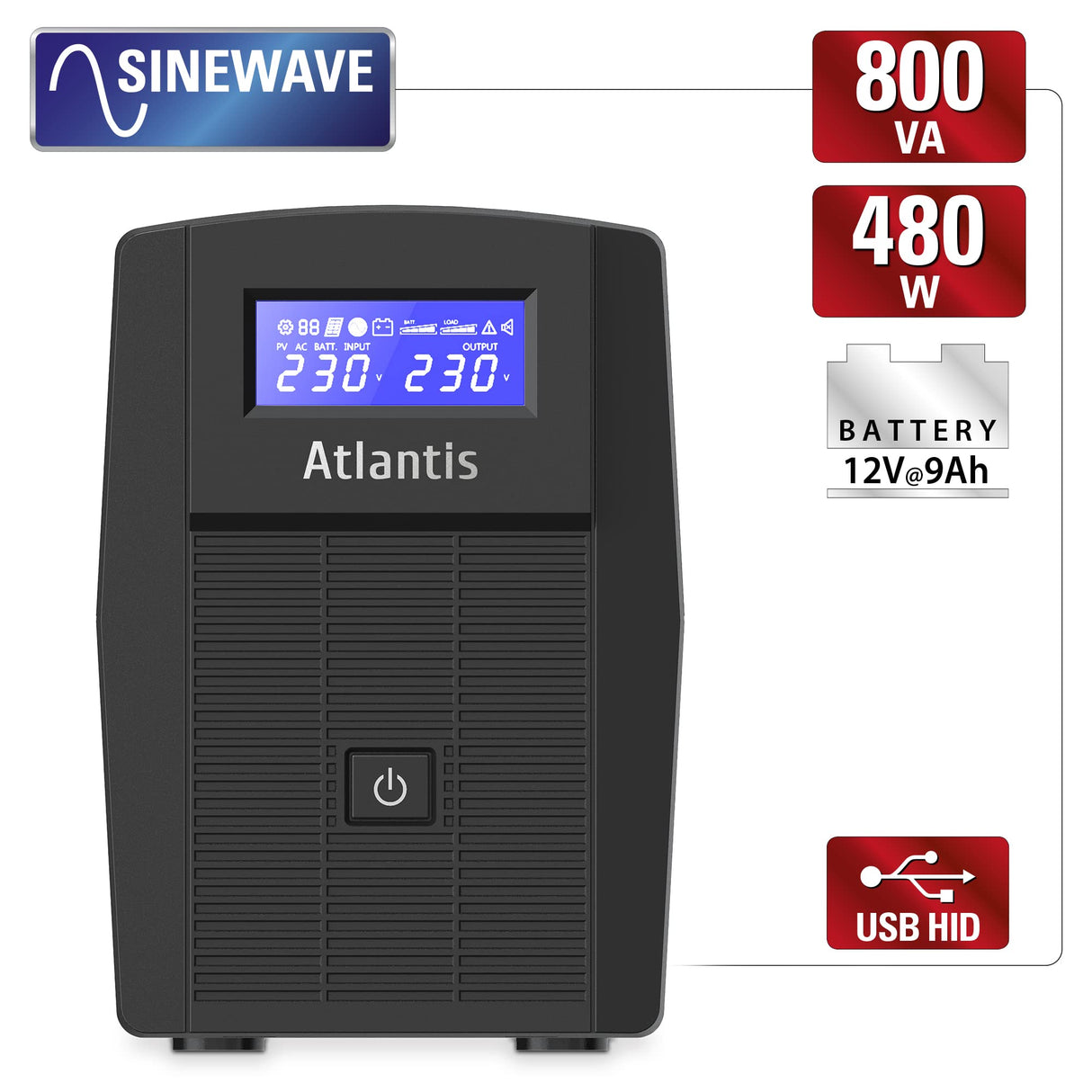 Atlantis A03-HP1003 - Fuente de alimentación ininterrumpida de Onda sinusoidal Pura 800VA 480W Line Interactiva, Pantalla LCD, Puerto USB-HID, 2 Salidas Shuko + Cable de alimentación, 1 batería