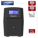 Atlantis A03-HP1003 - Fuente de alimentación ininterrumpida de Onda sinusoidal Pura 800VA 480W Line Interactiva, Pantalla LCD, Puerto USB-HID, 2 Salidas Shuko + Cable de alimentación, 1 batería