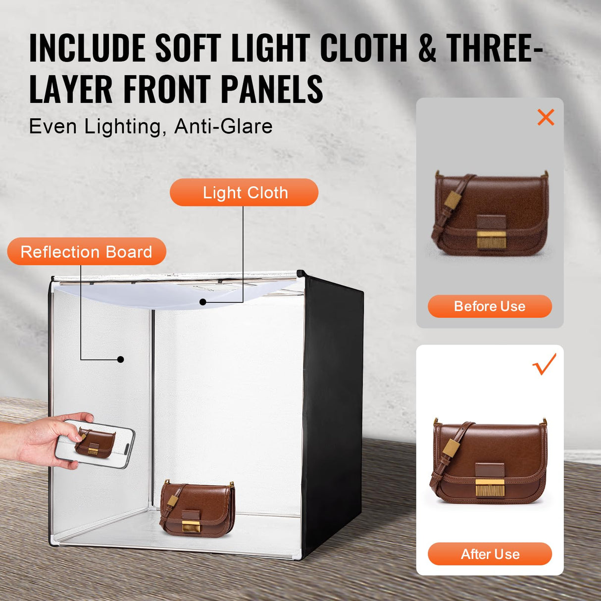 VEVOR Caja de Luz para Estudio Fotográfico 81,5x81,5 cm 5600K Caja de Fotos para Fotografía 210 Luces Led 5 Fondos Adaptador de Corriente Piezas de Esquina de Tela Suave CRI ≥95 para Fotografía