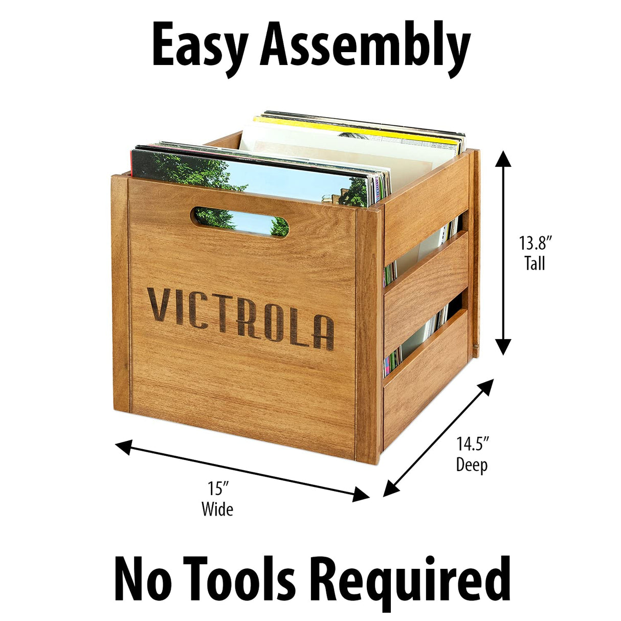 Victrola Caja de madera – Soporte para álbum de mesa y organizador para todos los discos, capacidad para más de 50 vinilos, acabado de madera elegante, fácil instalación, diseño elegante