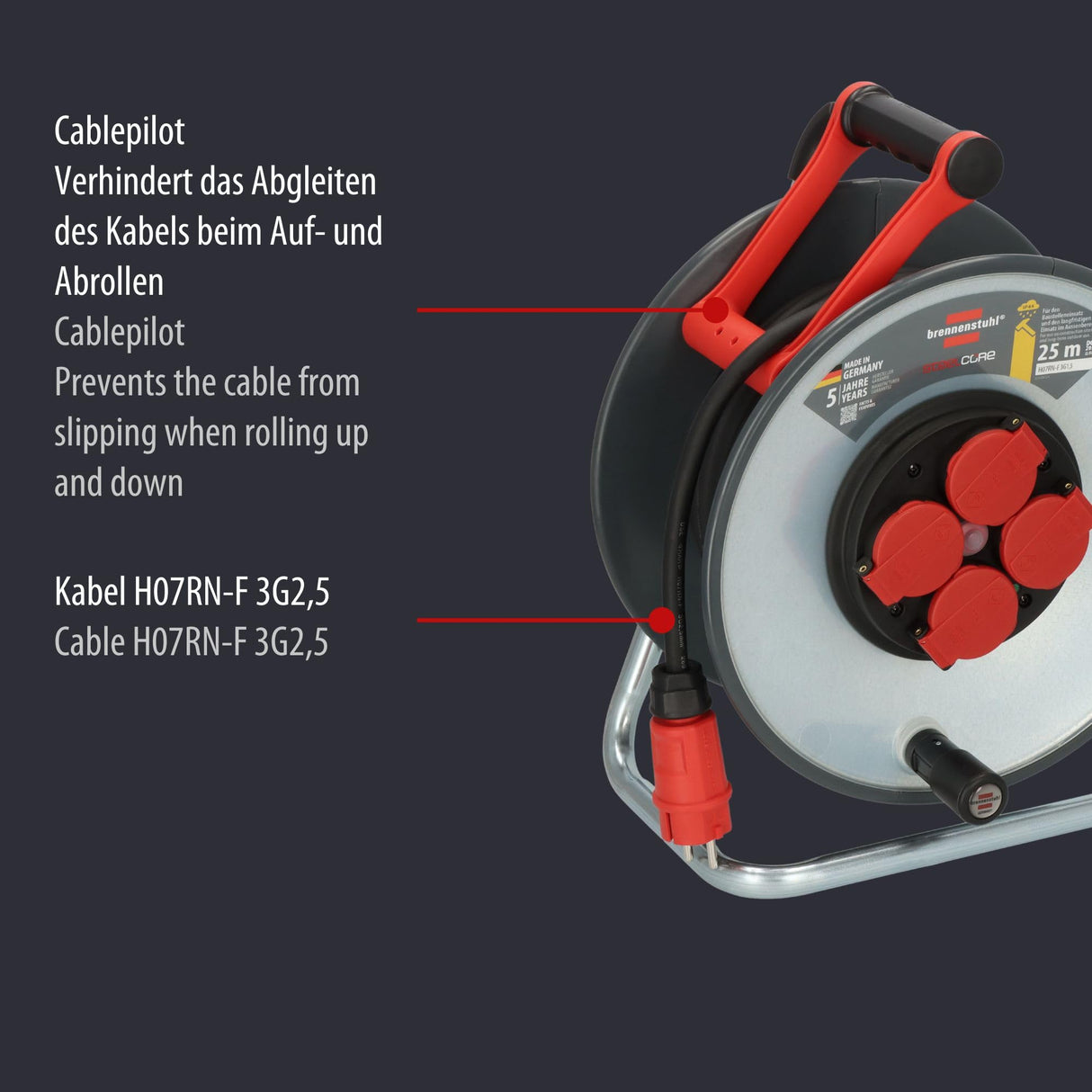Brennenstuhl Professional SteelCore Carrete SC 2200 IP44, 25m H07RN-F 3G2,5, cuerpo de tambor de chapa de acero, uso en obra y exterior permanente, fabricado en Alemania
