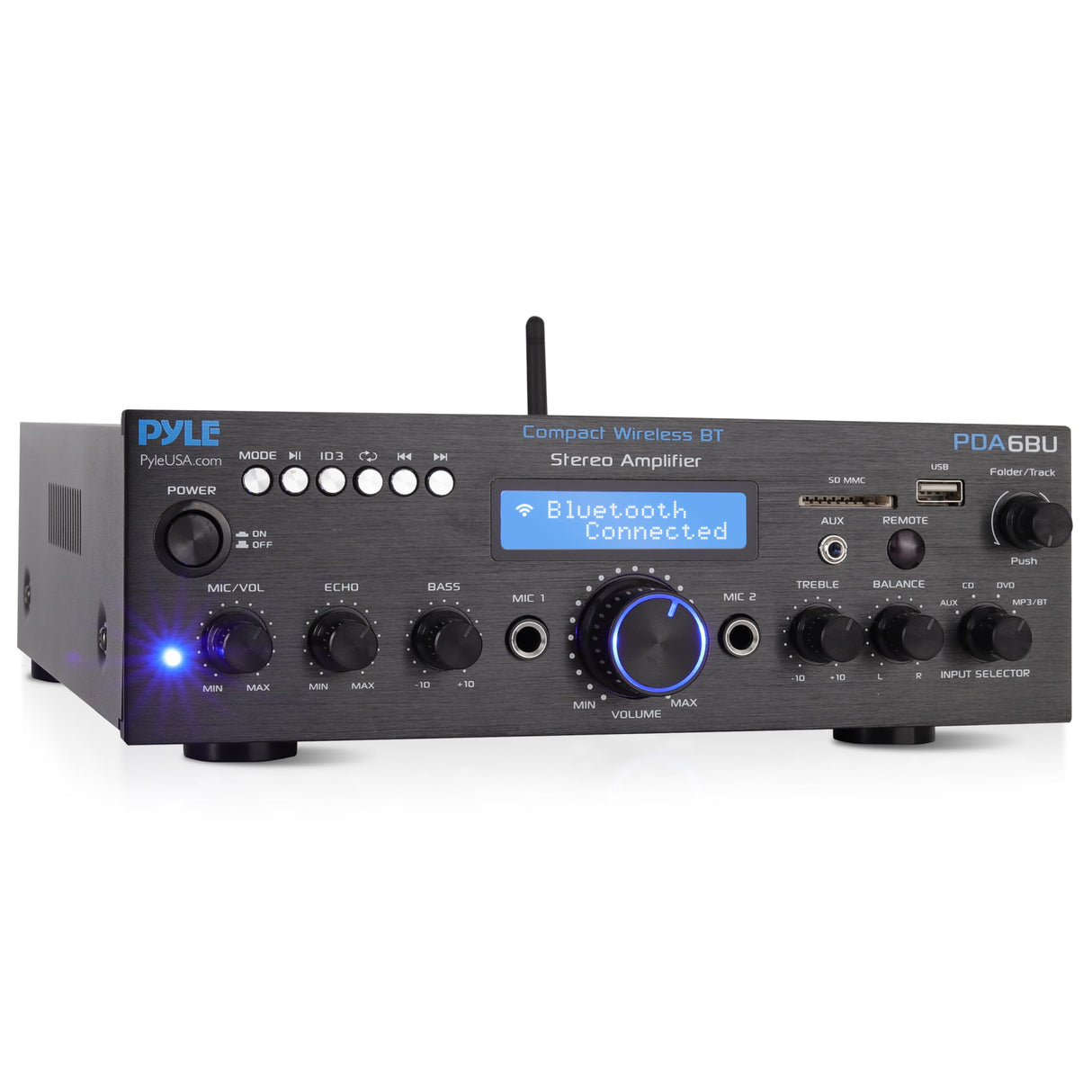 Pyle Sistema Amplificador de Potencia de Audio, Inalambrico, Estereo, Potencia Maxima de 200V, USB, SD, AUX, Entrada de microfono para Karaoke, Radio, Pantalla LCD, RCA