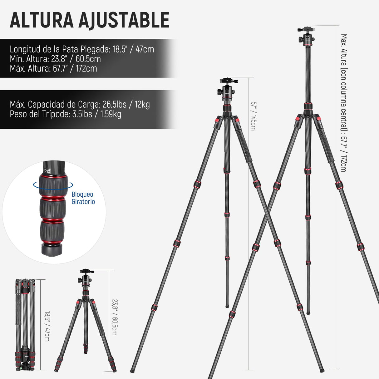 NEEWER 66"/168cm Trípode de Fibra Carbono para Cámara Cabeza de Bola Panorámica 360°,Placa Arca QR 1/4",Bolsa Portátil,Monopié Trípode Viaje Compacto Videocámara DSLR,Carga Máxima 26.5lb/12kg,N55C