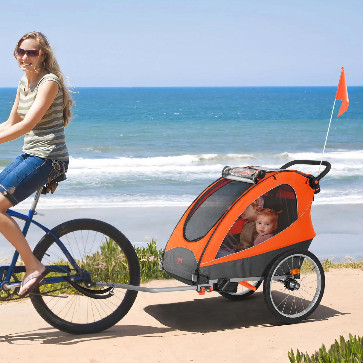 VEVOR Remorque de vélo pour Enfants, siège Double, Charge 55 kg, Porte-auvent 2 en1 transformant en Poussette, remorque de vélo Pliable pour Tout-Petits Avec attelage de vélo universel, Orange Gris