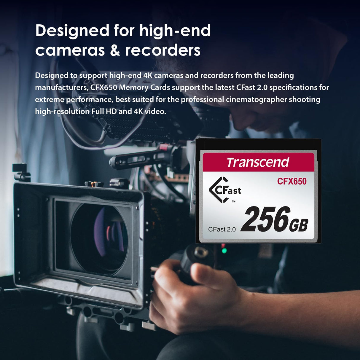 Transcend 128GB CFast 2.0 Memory Card CFX650 SATA III 6Gb/s, hasta 510/370 MB/s, MLC NAND Flash, diseñada para cinematografía en grabación de Video de Alta resolución, Full HD y 4K TS128GCFX650