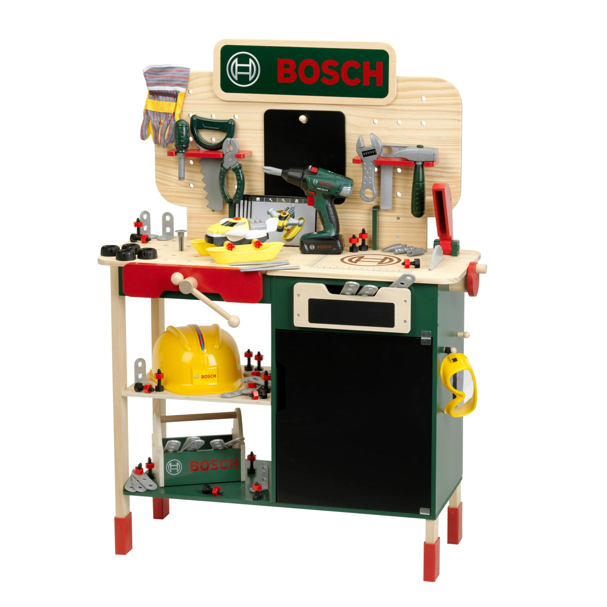 Theo Klein 8734 Banco de Trabajo de Madera de Bosch y Banco de Trabajo Resistente para niños, Regulable en Altura y Taladro inalámbrico eléctrico, Herramientas con Efectos de luz y Sonido