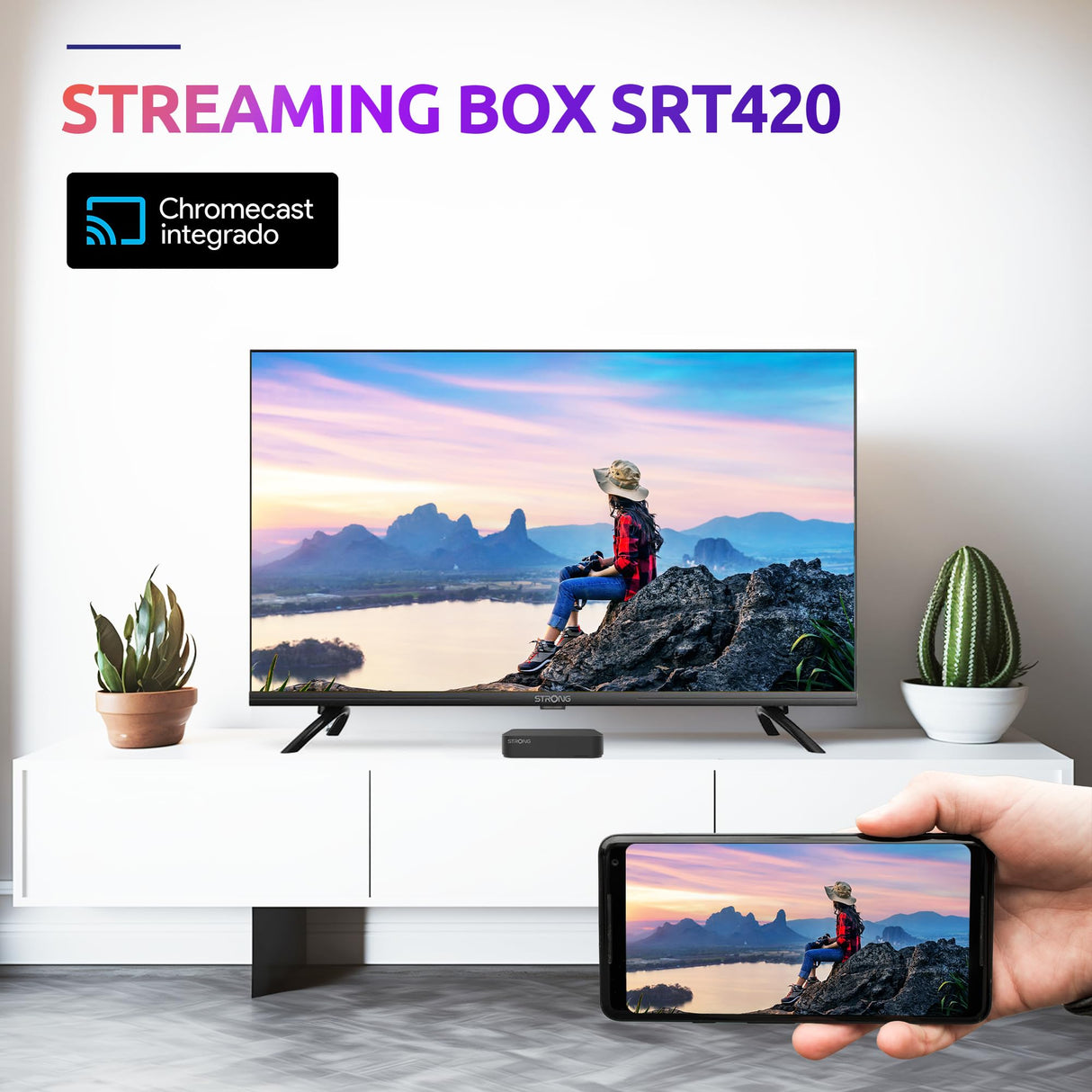 STRONG SRT420 TV Box Android TV 4K con Puerto Ethernet, DVB-T2, 2GB RAM + 16GB Almacenamiento, Chromecast Integrado, WiFi, Asistente De Voz Google, HDR10+, Dolby Audio Y Dolby Vision