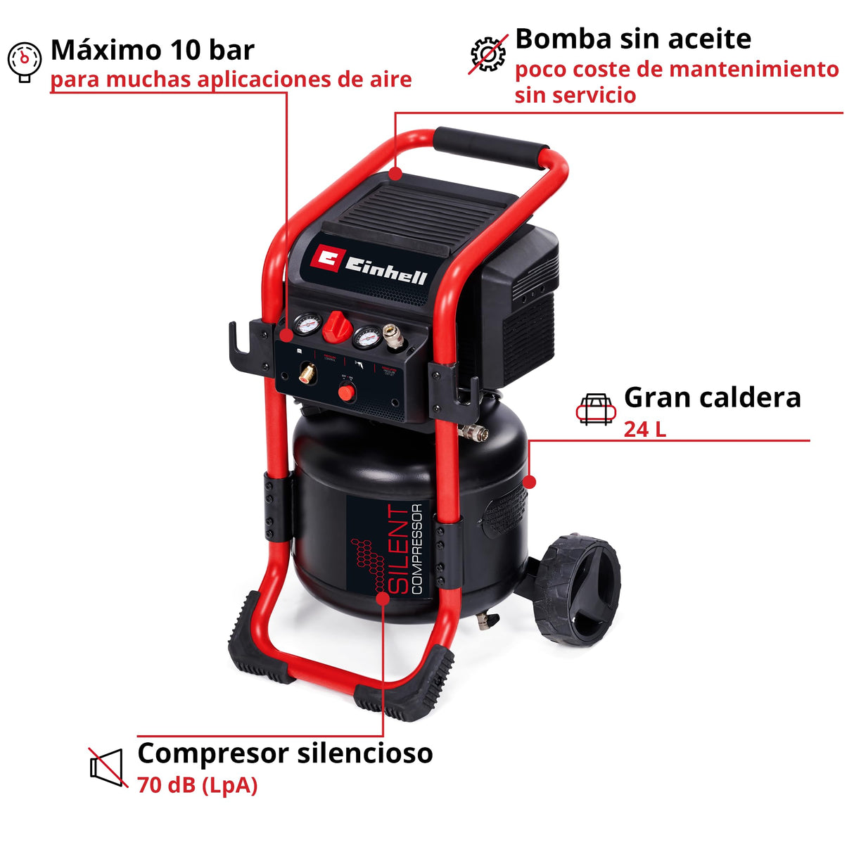 Einhell Compresor TE-AC 240/24 Silent (1500 W, máx. 10 bar, depósito 24 l, sin aceite, potencia de aspiración 240 l/min, compresor silencioso 70 dB, 2 manómetros, reductor de presión)
