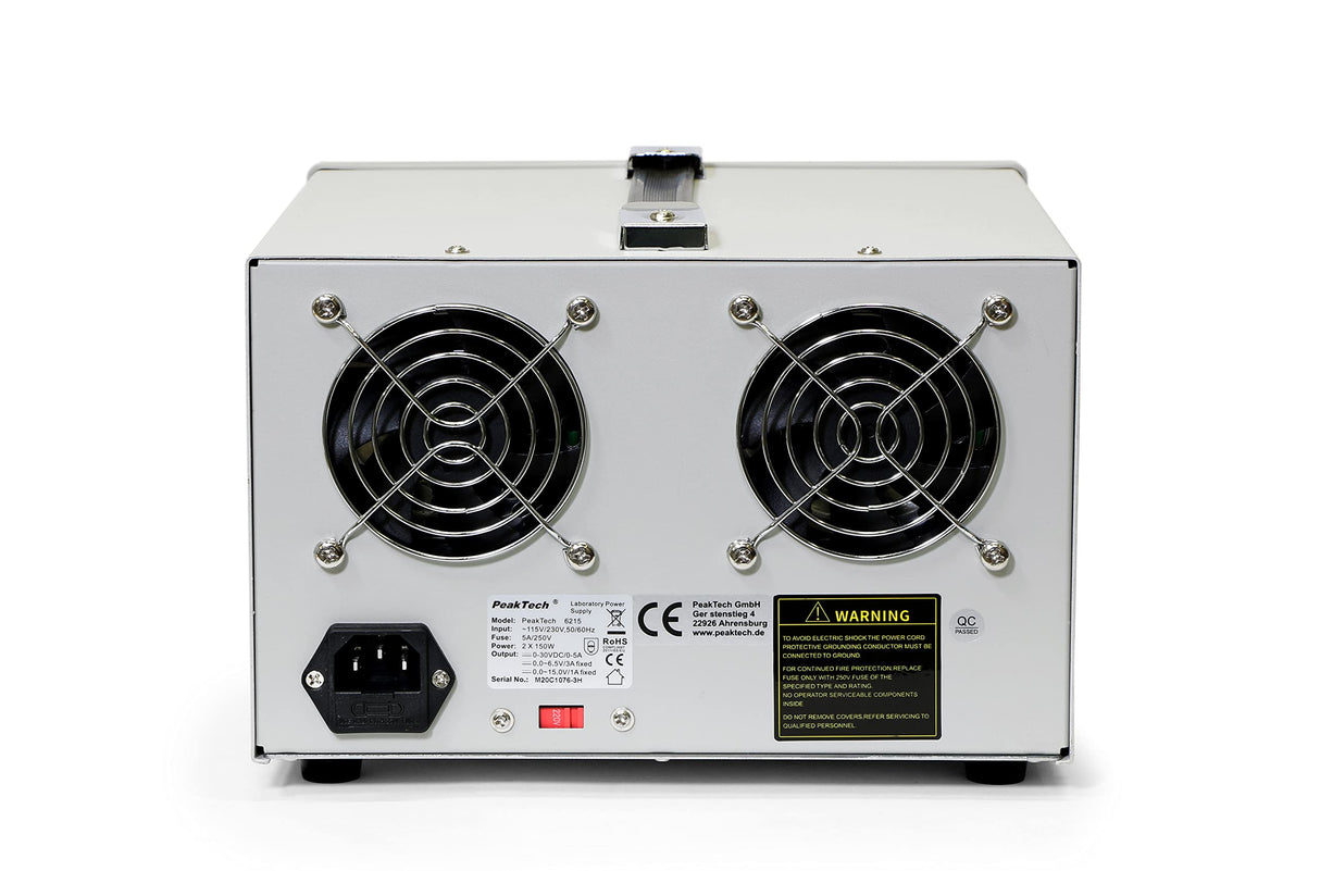 PeakTech Linear DC fuente de alimentación de laboratorio de modulación de dispositivo 4 CH 2 x 0 – 30 V/0 – 5 A, DC 3 – 6,5 V/3 A, 8 – 15 V/1 A, 1 pieza, P 6215