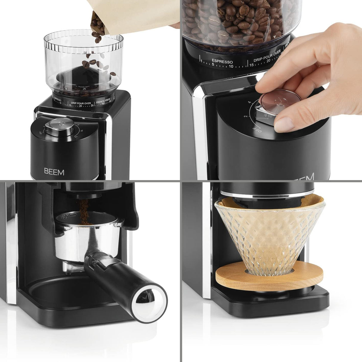 BEEM GRIND-PERFECT Molinillo de café eléctrico, 250 g, ajuste de grado de molienda de 35 niveles, mecanismo cónico, dosificación ajustable mediante rueda giratoria (2 – 12 tazas), molido directamente