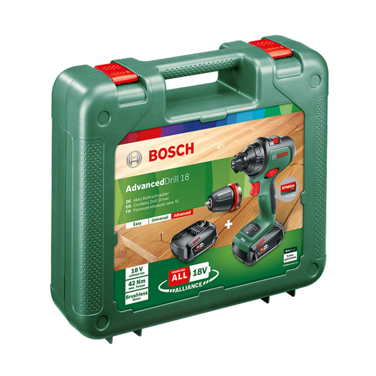 Bosch Taladro/Atornillador a batería (2 baterías, sistema de 18 voltios, en maletín de transporte), AdvancedDrill 18
