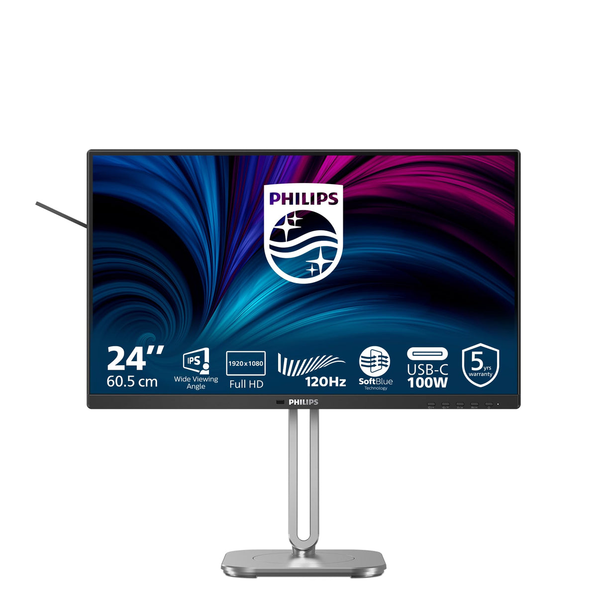 Philips 24B2U4301 - Monitor Full HD de 24 Pulgadas, Altavoces, Altura Ajustable (1920 x 1080, 120 Hz, HDMI 1.4, DisplayPort 1.4, USB-C (100 W Power Delivery), Salida DP, concentrador USB) Negro Gris