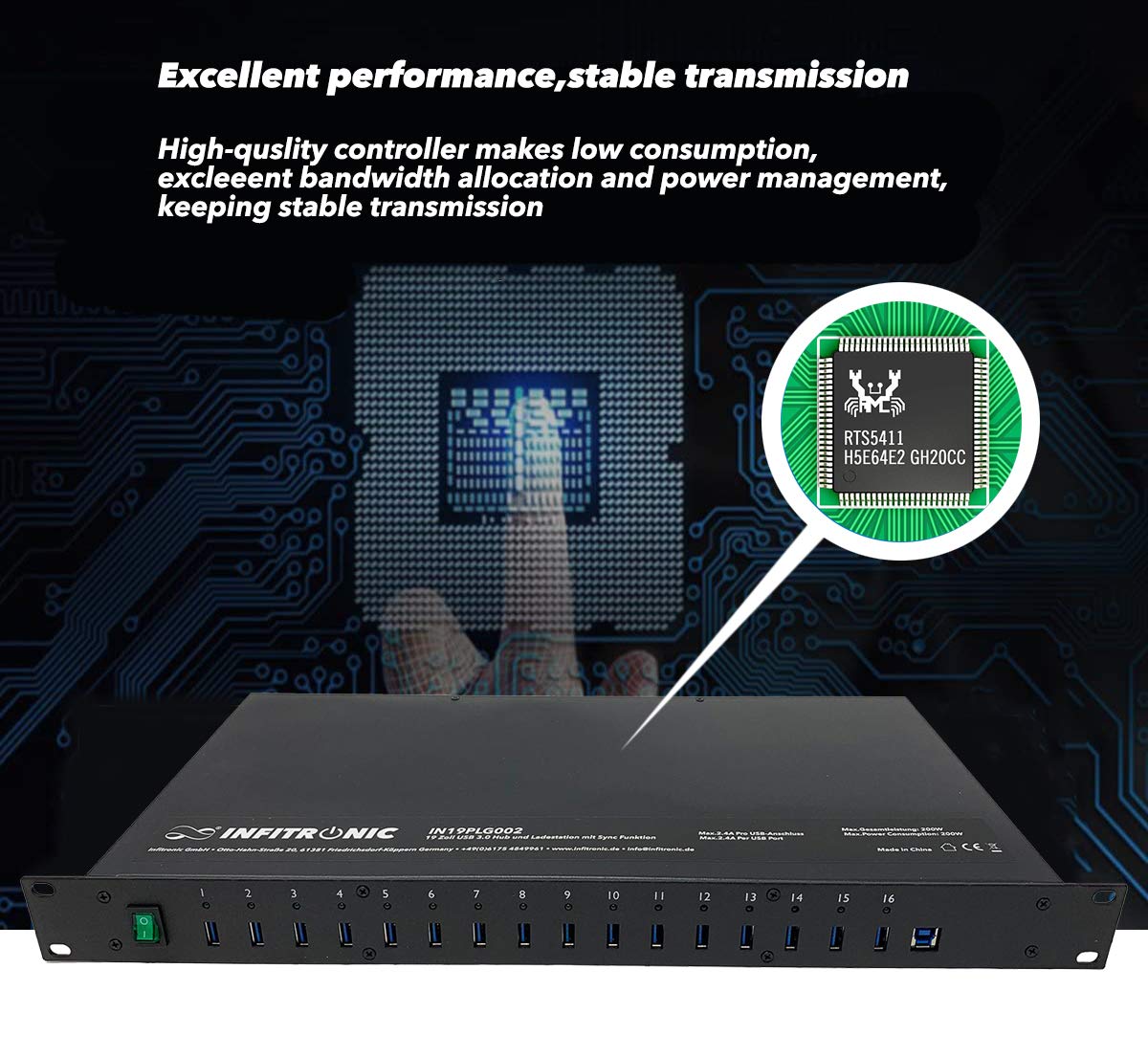 INFITRONIC - IN19PLG002-19 Pulgadas USB 3.0 Hub16-ports con estación de Carga y sincronización (Montaje en Rack de 1 UE)