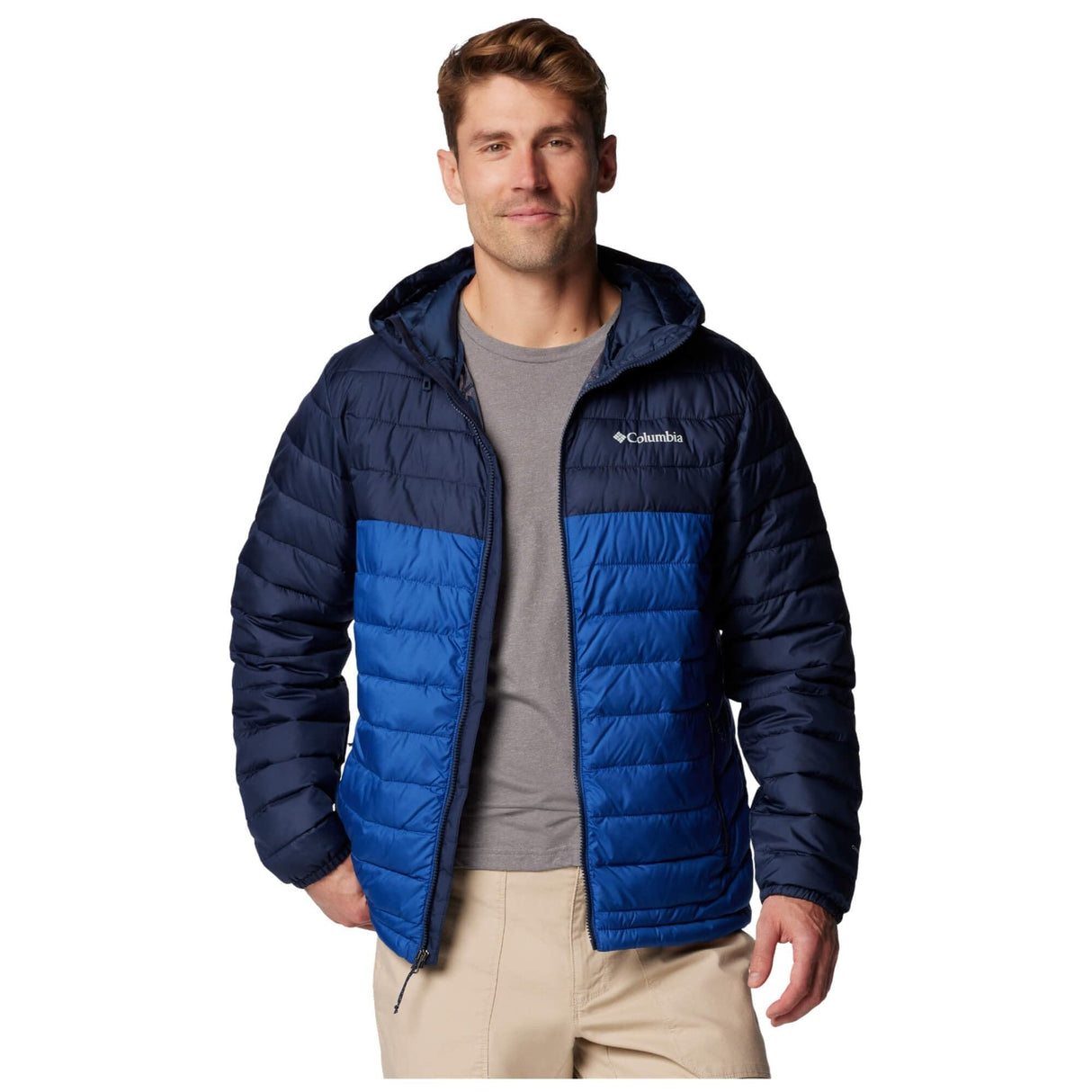 Columbia Powder Lite 2-Chaqueta con Capucha Acolchada, Mountain Blue/Collegiate Navy, L para Hombre