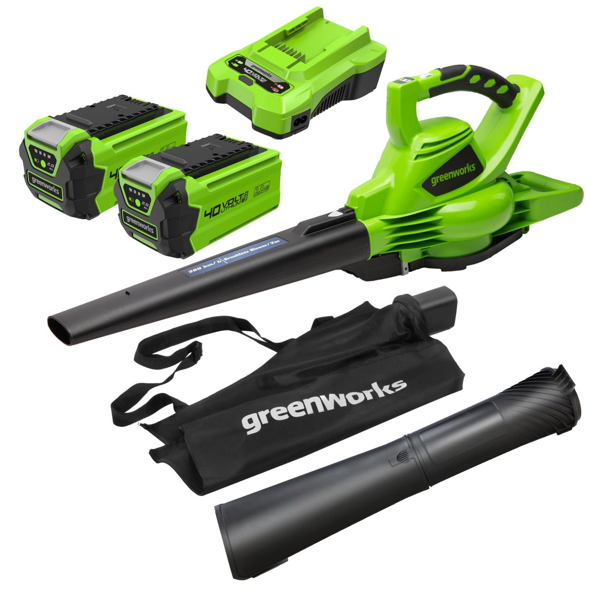 Greenworks GD40BVK2X Soplador Aspirador de Hojas a Batería con Motor sin Escobillas, 280 km/h, 9,63 m³/min, Bolsa Recogedora de 45L, Dos de las Baterías de 40V 2Ah y Cargador, Garantía de 3 Años