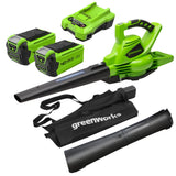 Greenworks GD40BVK2X Soplador Aspirador de Hojas a Batería con Motor sin Escobillas, 280 km/h, 9,63 m³/min, Bolsa Recogedora de 45L, Dos de las Baterías de 40V 2Ah y Cargador, Garantía de 3 Años