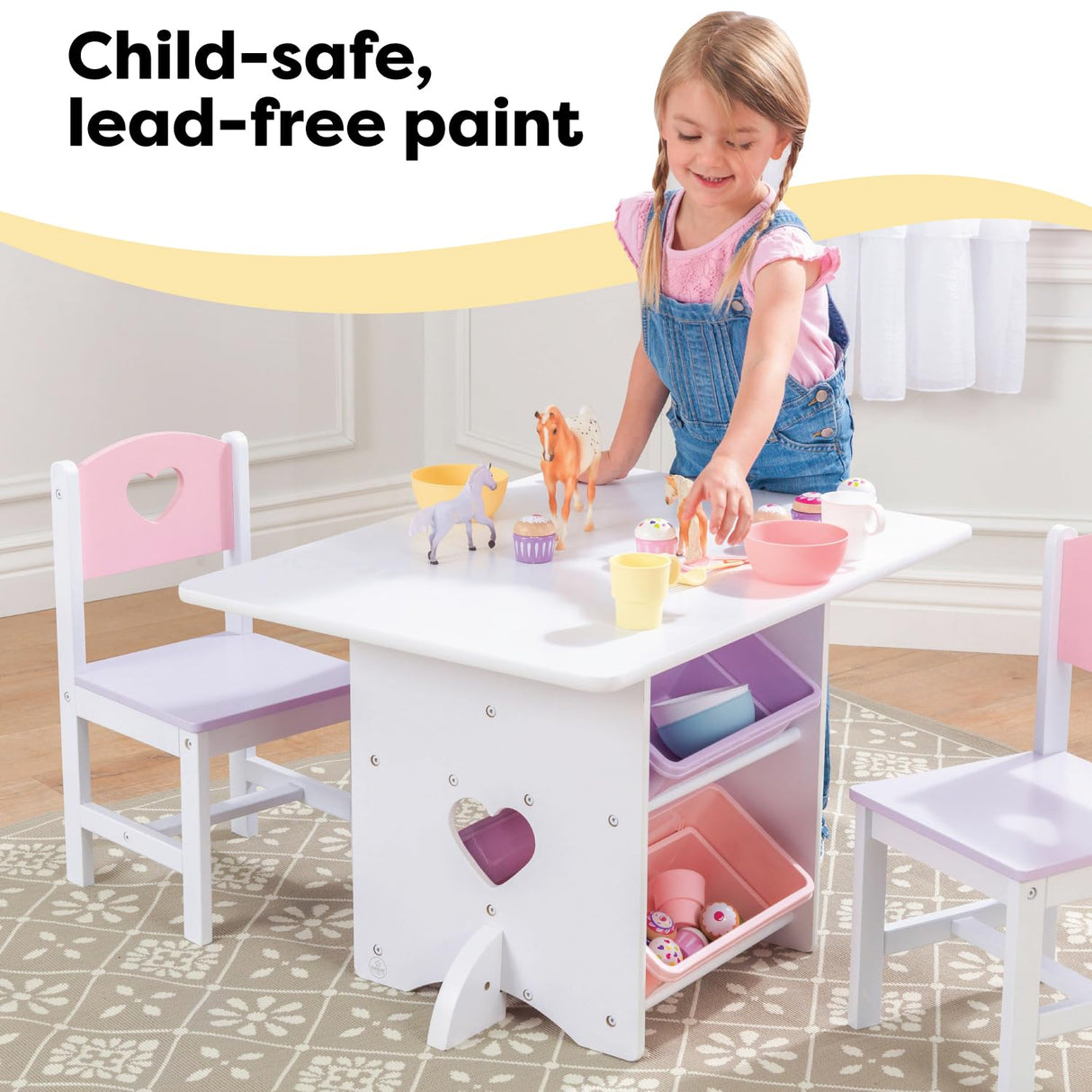 KidKraft Juego Infantil de Mesa y 2 sillas de Madera Corazón con Compartimentos de Almacenamiento, Muebles para Salas de Juego y Dormitorio de niños (26913)