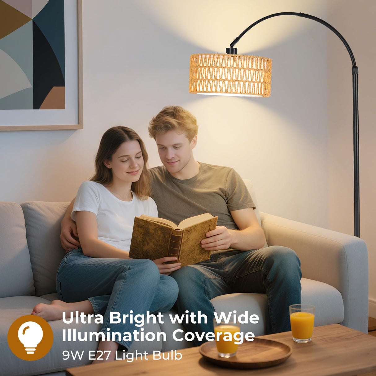 Lámpara de Pie LED Regulable - 9W 900LM Lampara de Pie Arco con Mando & Bombilla E27, Luz para Leer para Salón, Dormitorio, Oficina - Negro