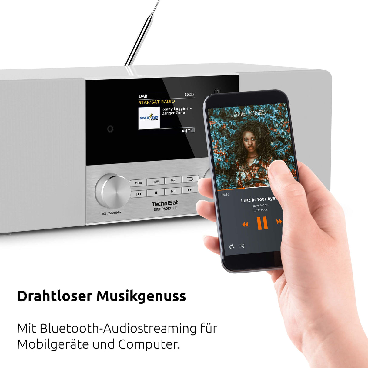 TechniSat - Radio Digital estéreo 4 C (Dab +, FM, Pantalla a Color, Bluetooth, conexión para Auriculares, Entrada Auxiliar, Pantalla OLED, 20 W RMS, Altavoz Elac), Color Blanco