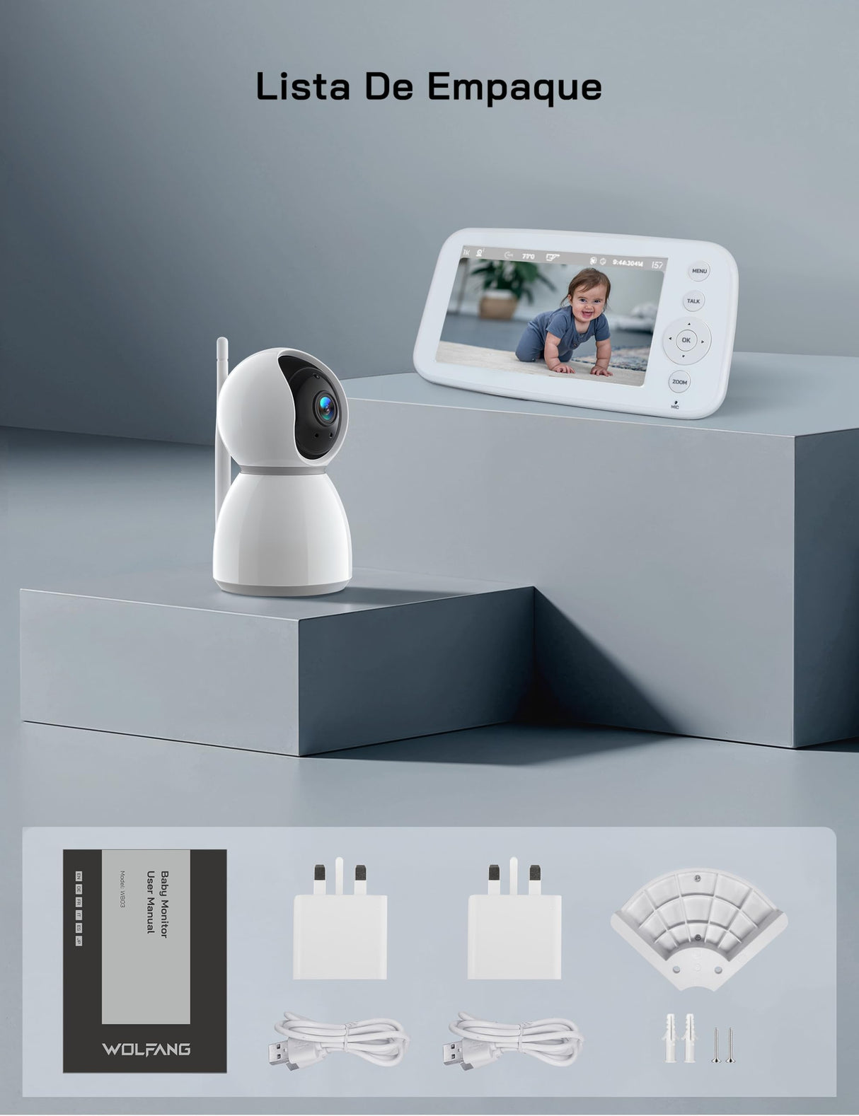 WOLFANG 1080P Camara Vigilancia Bebe con 5" 720P Pantalla, Vigilabebes con Camara con Rotación de 360° y Zoom, Sin WiFi, Visión Nocturna, Comunicación Bidirecciona, Temperatura, Detección de Llanto