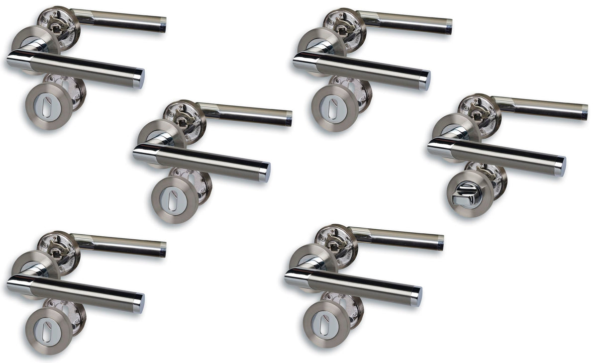 Juego de 6 herrajes para puerta de acero inoxidable cromado satinado, para 5 puertas de habitaciones con perforación de barba y 1 puerta de baño de inodoro, roseta de 52 mm de diámetro, manija de