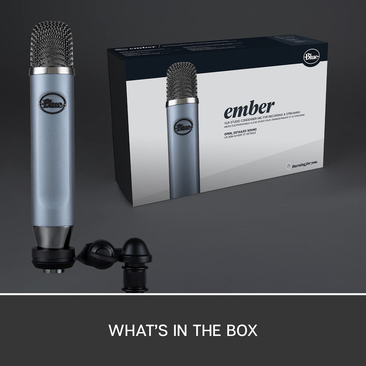 Blue Ember XLR Micrófono condensador para grabación, Podcasting y transmisión, Cápsula cardioide personalizada y Soporte de micrófono - Gris