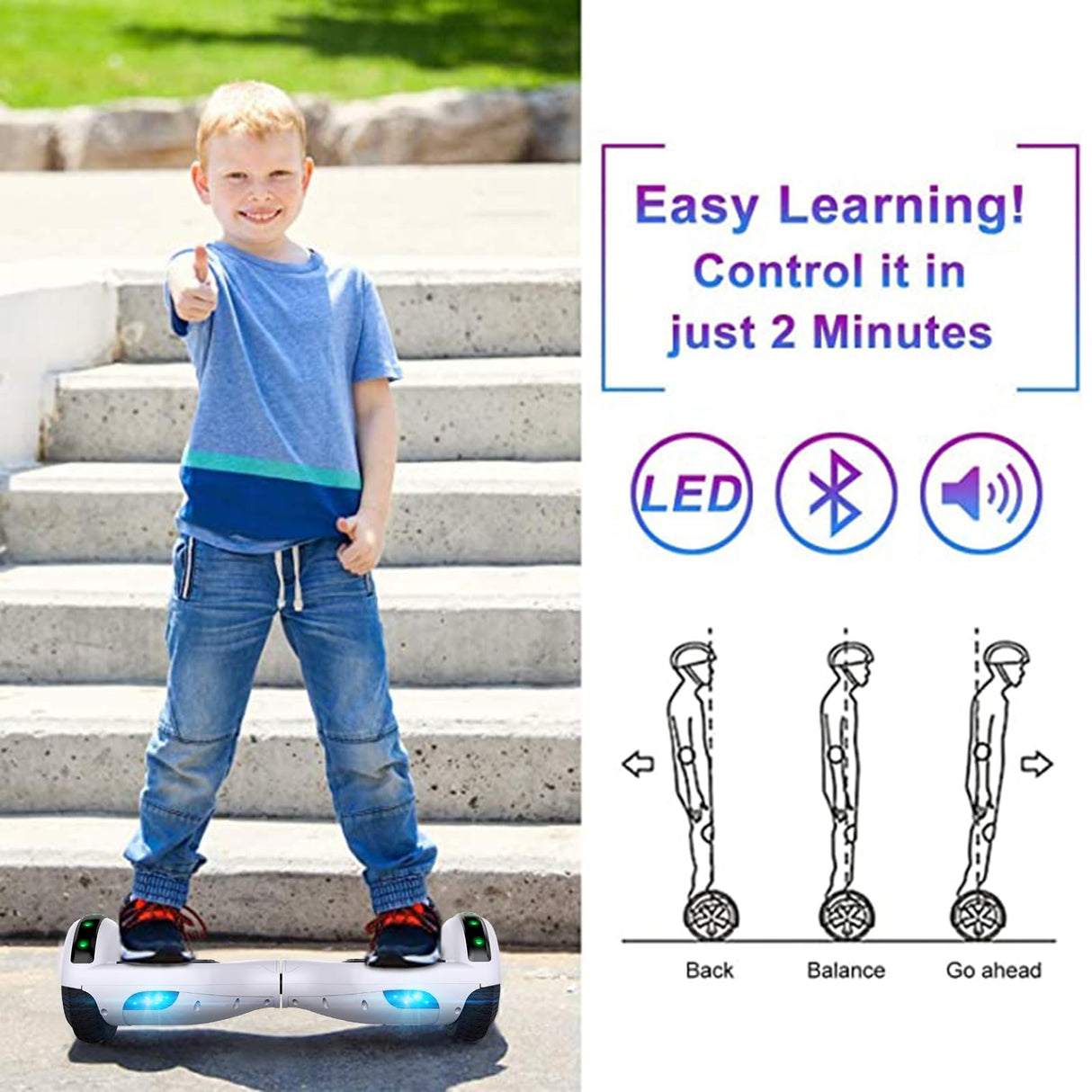 Hoverboard for kids, hoverboard with Bluetooth speaker, powerful dual motor, LED lights, best choice for kids