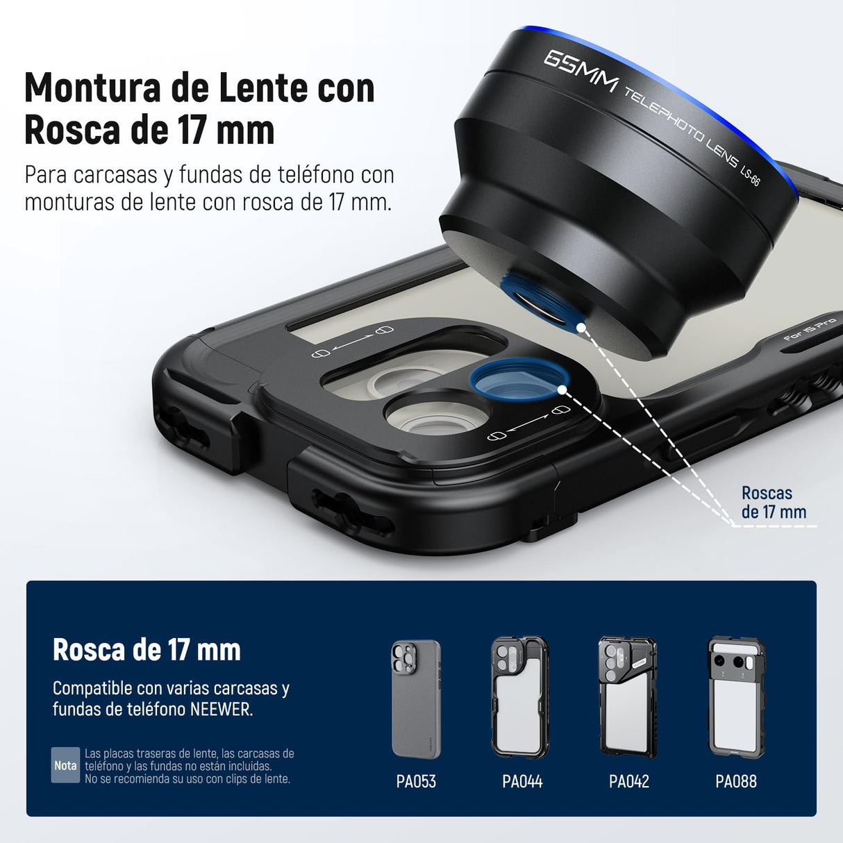 NEEWER HD 65mm Telefoto Phone Camera Lens con Parasol Solo para 17mm Rosca Placa Trasera Phone Cage Case, 1,7X Zoom Accesorio Lente Compatible con iPhone 16, 15, S25, S24 Ultra, Android, LS-66