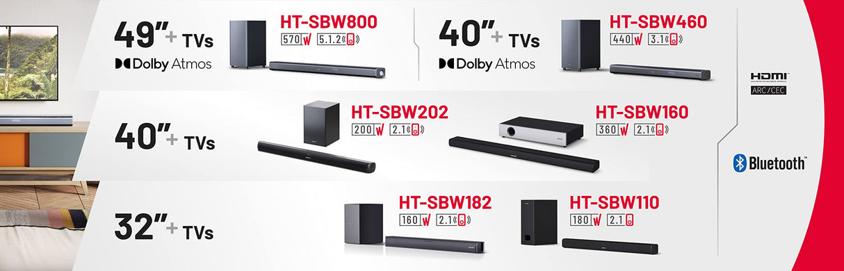 Sharp HT-SBW182 Soundbar 2.1 Slim con Subwoofer inalámbrico, Bluetooth con HDMI ARC/CEC, 160W, Audio óptico Digital, AUX, Negro, 74 cm