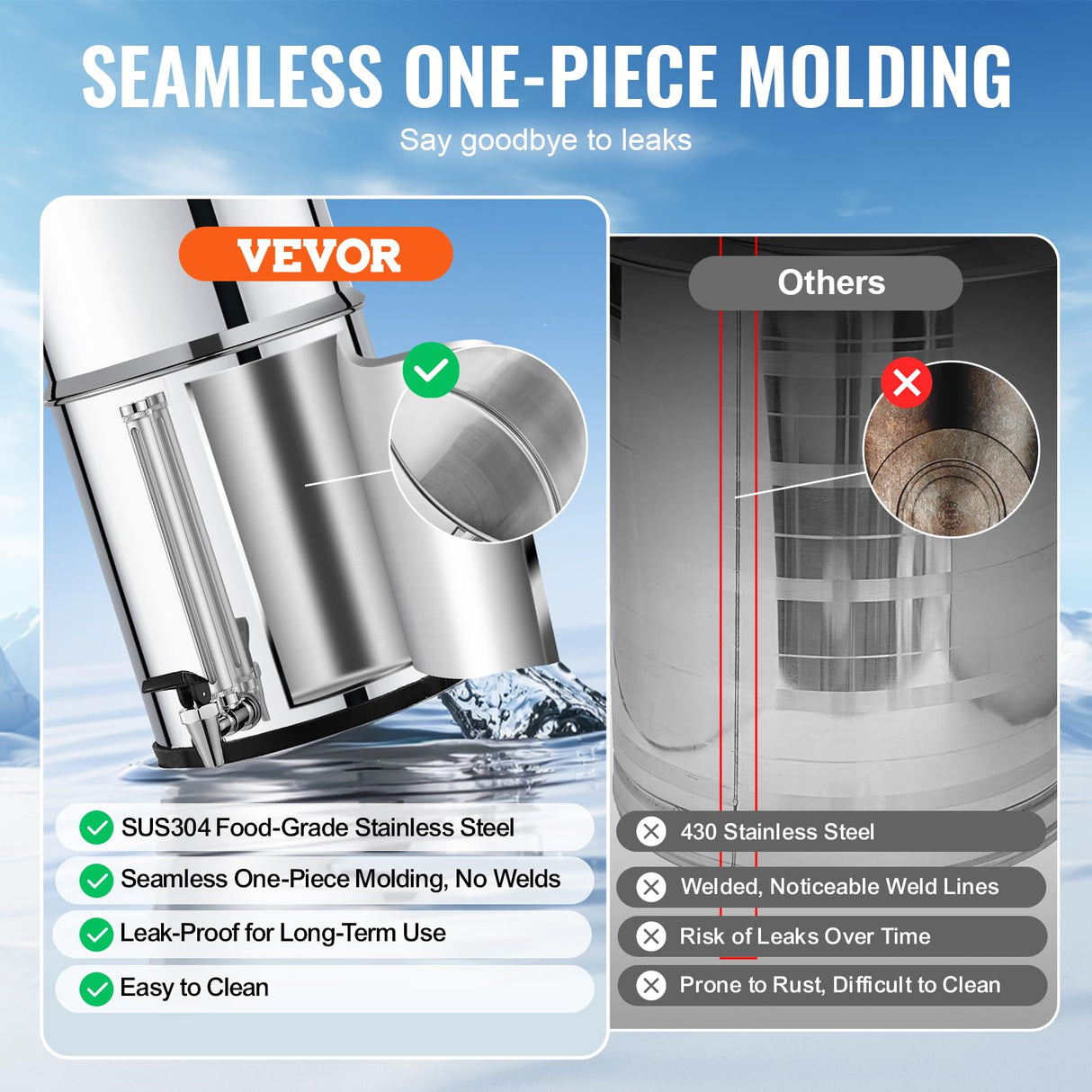 VEVOR Sistema de Filtración de Agua por Gravedad 7,5 L Sistema de Encimera Acero Inoxidable Reduce Plomo y hasta 99% de Cloro con 2 Filtros de Carbón Activado, 2 Filtros de Desfluoración, Grifo