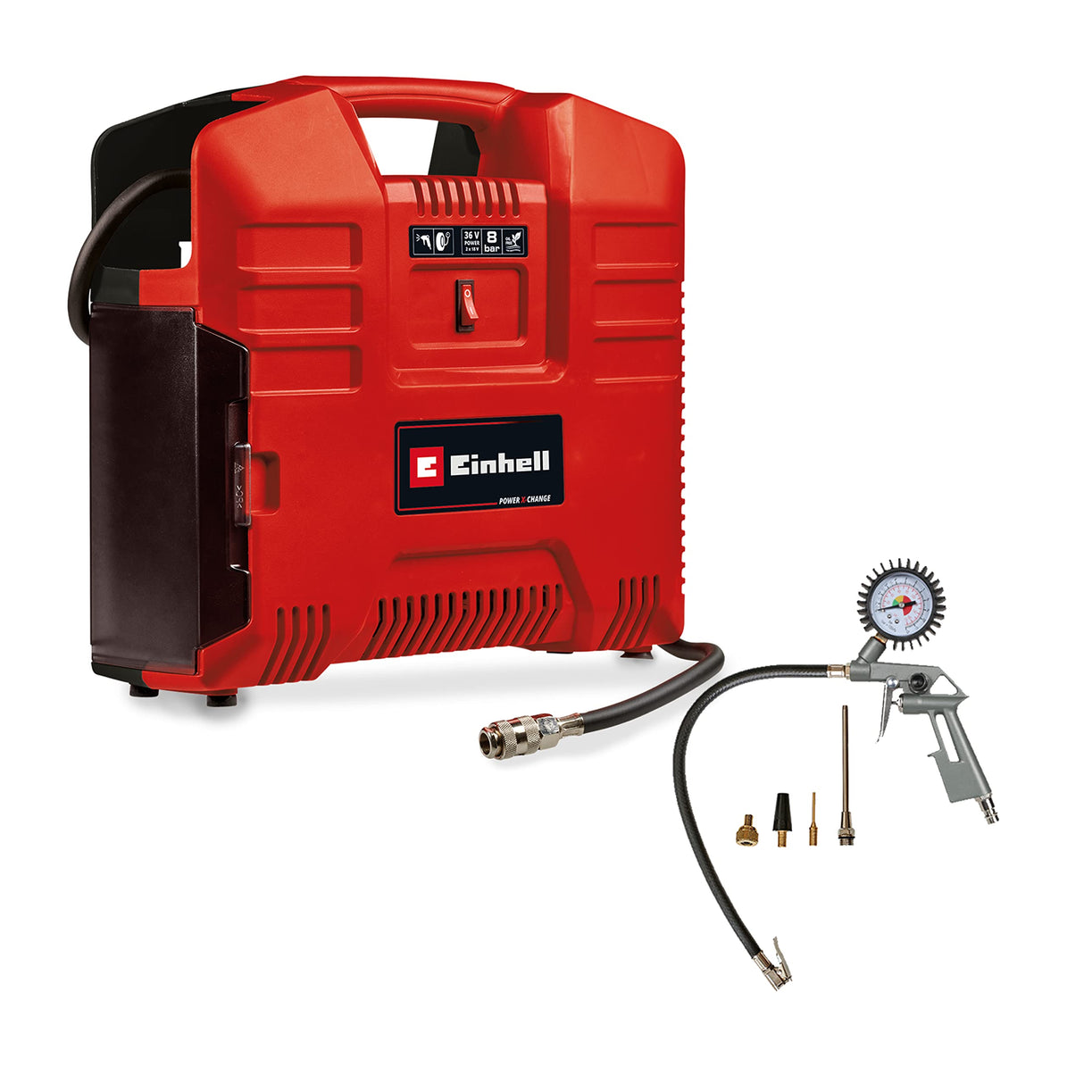 Einhell Compresor de maletín con batería TE-AC 36/8 Li OF Set-Solo Power X-Change (36 V, máx. 8 bar, sin aceite, potencia de aspiración 130 l/min, incl. set adaptador de 3 pz., sin batería)