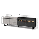 Skraut Home | Mueble TV | Televisión | Muebles de salón, almacenaje | 200x57x35cm | para TV hasta 80" | Chimenea eléctrica | Diseño Industrial | Estilo Moderno | Cemento