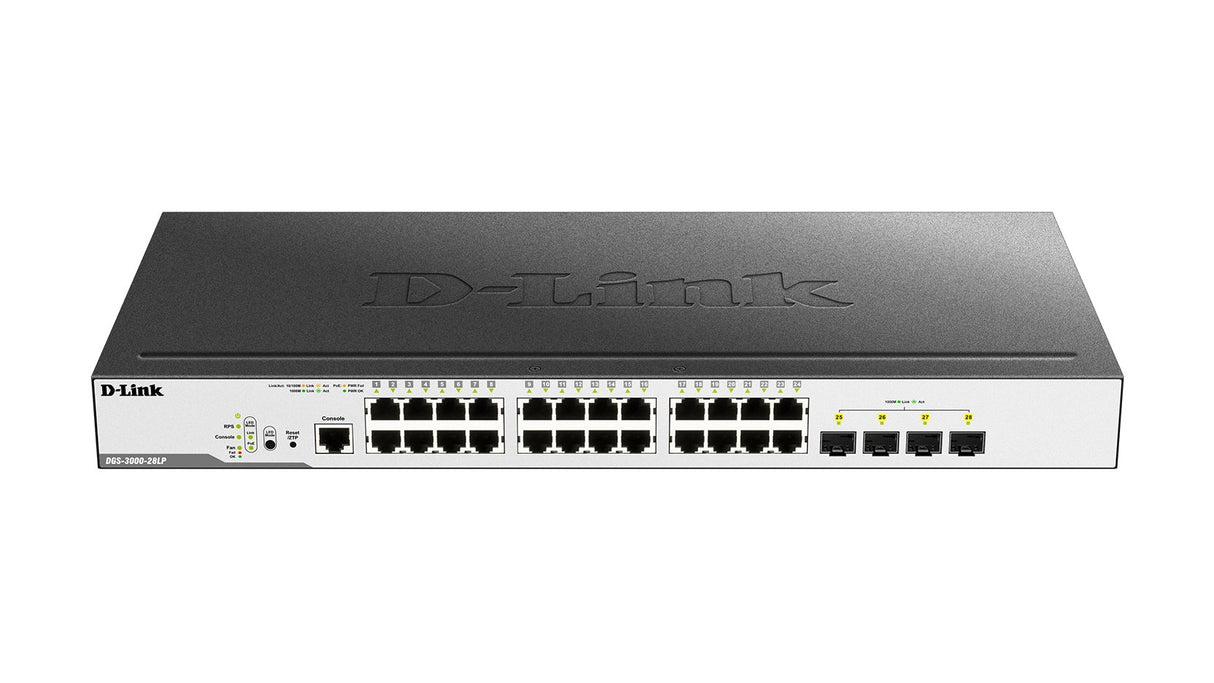D-Link DGS-3000-28LP - Switch Gigabit PoE Gestionable Layer 2 (24 Puertos Gigabit PoE y 4 Puertos de uplink SFP, detección de bucles y apilado Virtual, prevención de Fuga de Datos, Altura 1U)