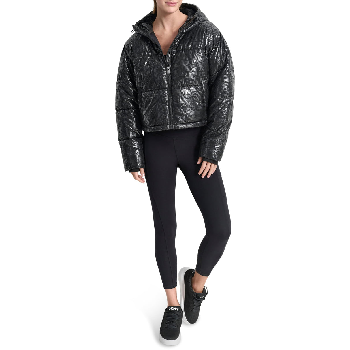 DKNY Embossed Crosswalk Print Cropped Puffer Jacket Chaqueta, Negro, S Mujeres