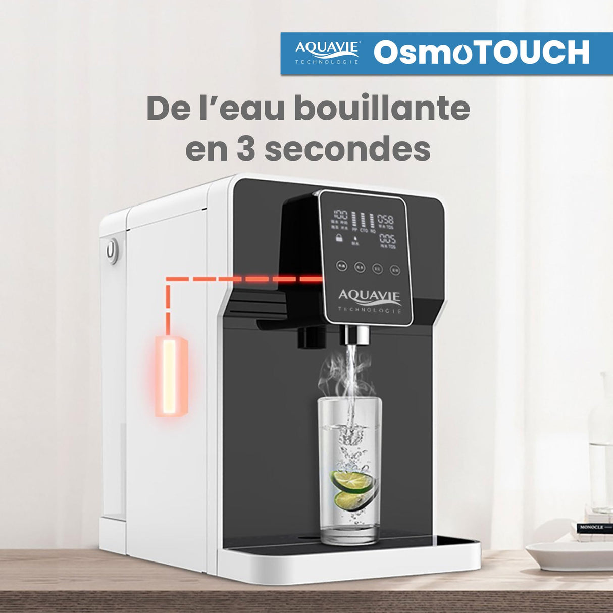 Aquavie Technology - OsmoTOUCH - Fuente de agua purificada por ósmosis inversa y esterilización - Dispensador instantáneo de agua templada y caliente - Depósito de 4,5 L