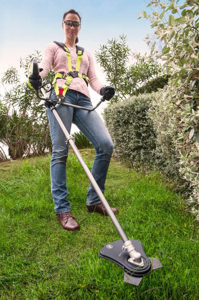 RYOBI Desbrozadora Inalámbrica 18V One+ con Cuchilla Tri-ARC y Cabezal de Hilo – Arnés Vertebrae Ergonómico – (Sin batería)