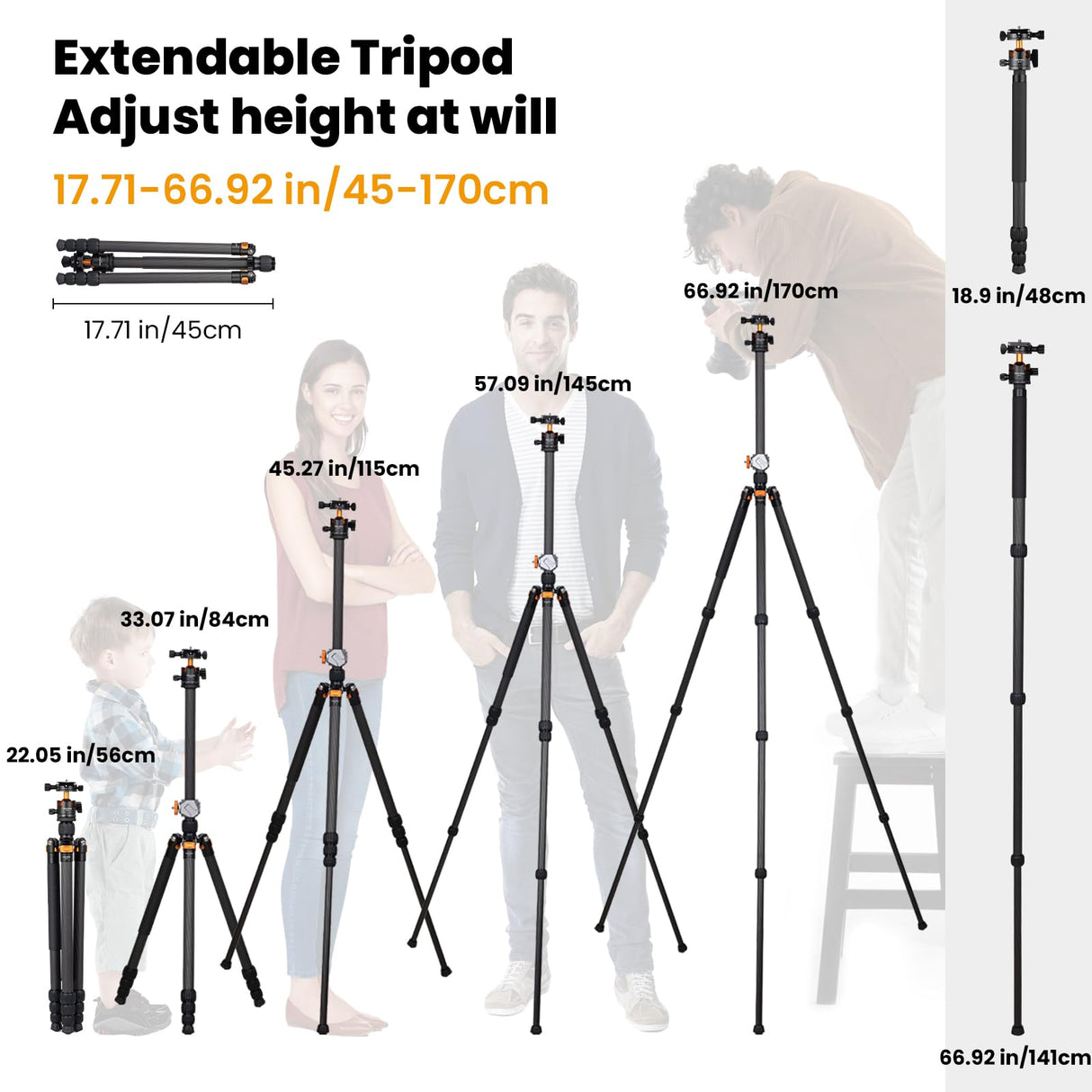 TARION Trípode de Fibra de Carbono para cámara de - 67 Pulgadas trípode Profesional DSLR con Doble rótula panorámica Zapata fría trípode de Viaje para cámaras videocámaras fotografía