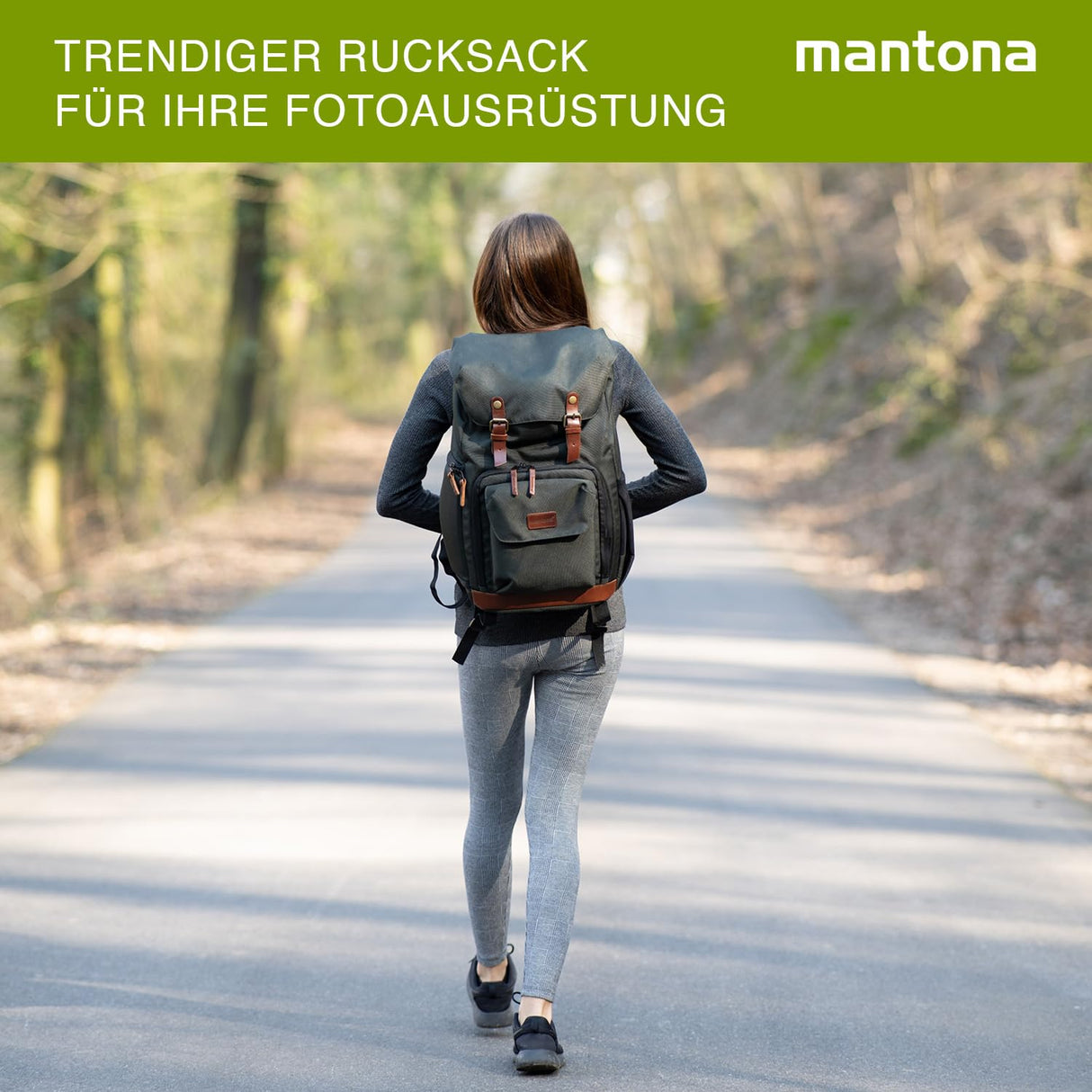 Mantona - Mochila con Aplicaciones de Piel (para una cámara réflex, 3 Objetivos y Accesorios), Color Verde