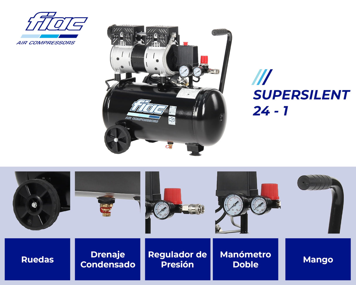 FIAC Compresor de Aire Móvil Silencioso SUPERSILENT 24, Sin Aceite, Presión Máxima 8 Bar, 1 Hp, Tanque de 24 Litros, Nivel sonoro 58 dB LpA