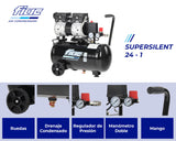 FIAC Compresor de Aire Móvil Silencioso SUPERSILENT 24, Sin Aceite, Presión Máxima 8 Bar, 1 Hp, Tanque de 24 Litros, Nivel sonoro 58 dB LpA