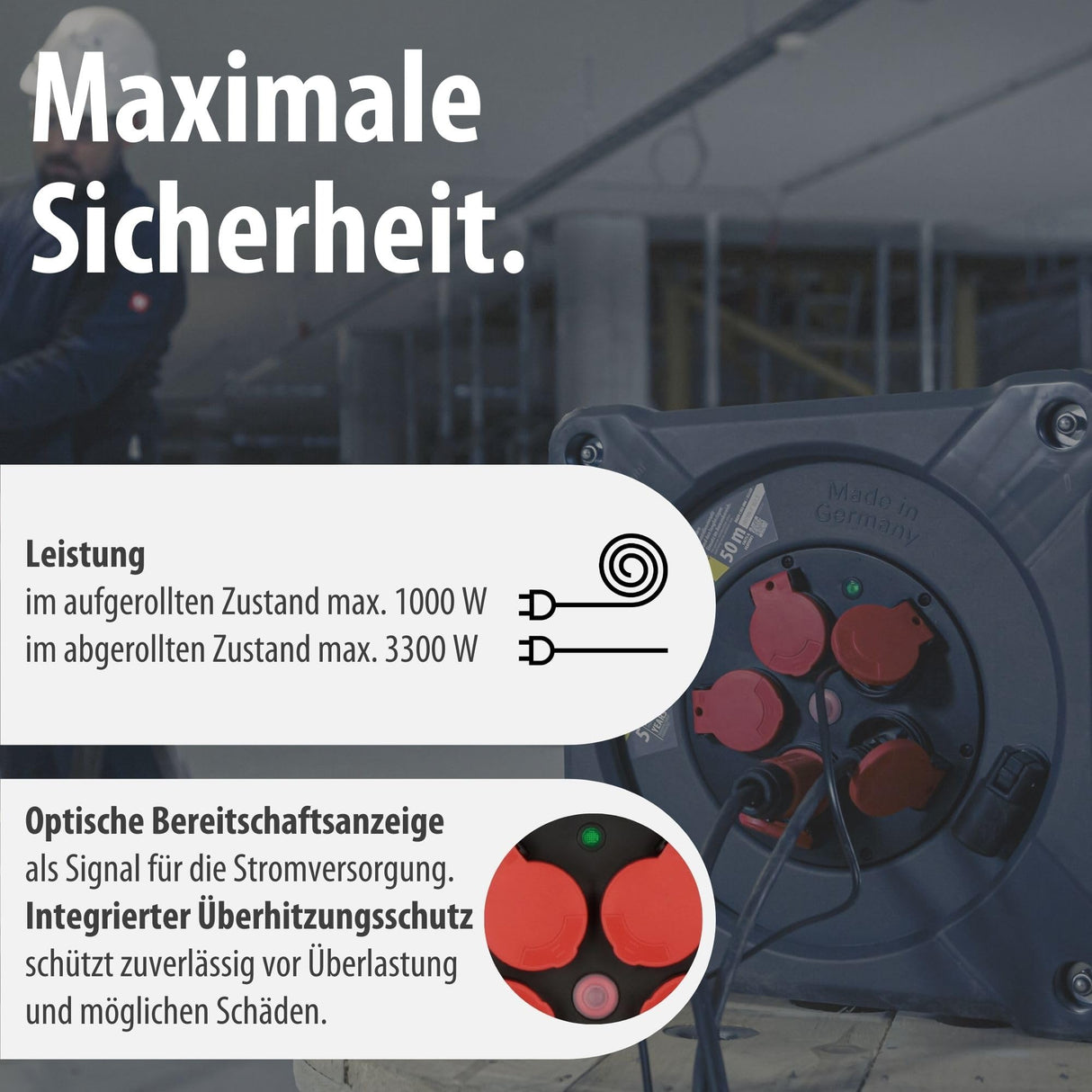 Brennenstuhl Carrete de cable profesional KA 5100 5 IP44 (cable H07RN-F 3G1,5 de 50 m en negro, 5 tomas de seguridad, uso en obra y exterior permanente, fabricado en Alemania)