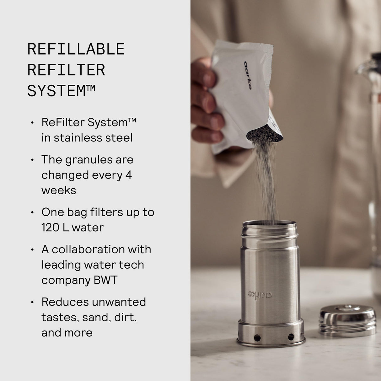 Aarke Purifier Large, jarra filtrante de agua en vidrio y acero inoxidable, 1,7 L / 7 tazas, incluye bolsa de recarga de filtro Pure Aarke