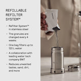 Aarke Purifier Large, jarra filtrante de agua en vidrio y acero inoxidable, 1,7 L / 7 tazas, incluye bolsa de recarga de filtro Pure Aarke