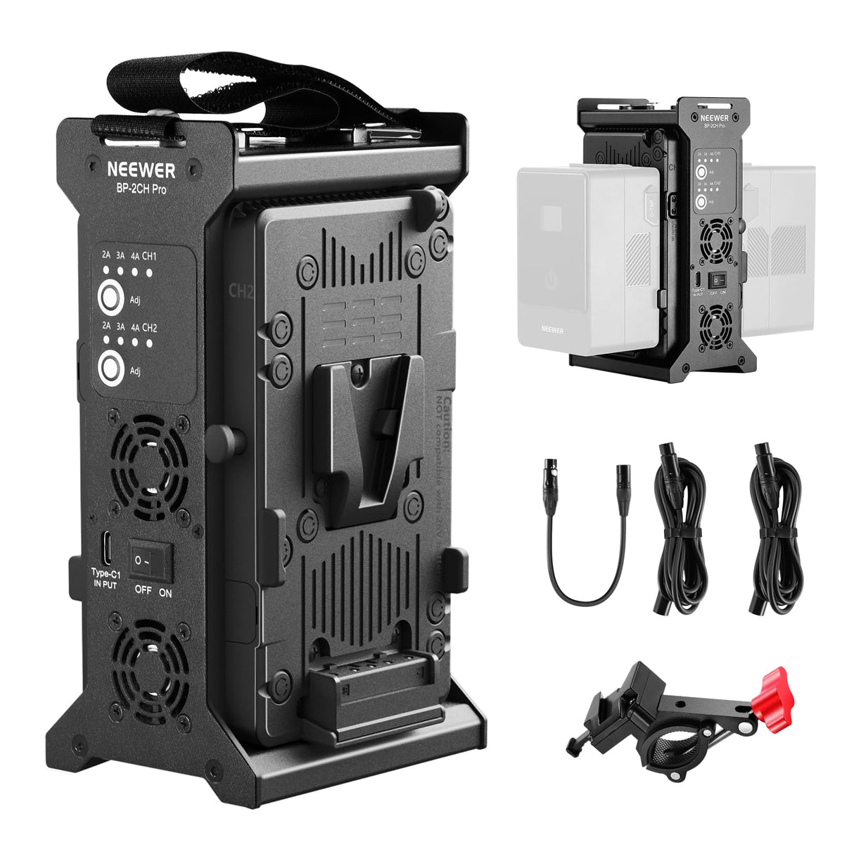 NEEWER V Mount Cargador Batería Doble Canal con Carga Rápida 100W PD USB C, Salidas DC 48V/DC24V/100W PD/D Tap, Cargador de Metal Multifuncional Compatible con SmallRig NEEWER PS099E VB99, BP-2CH Pro