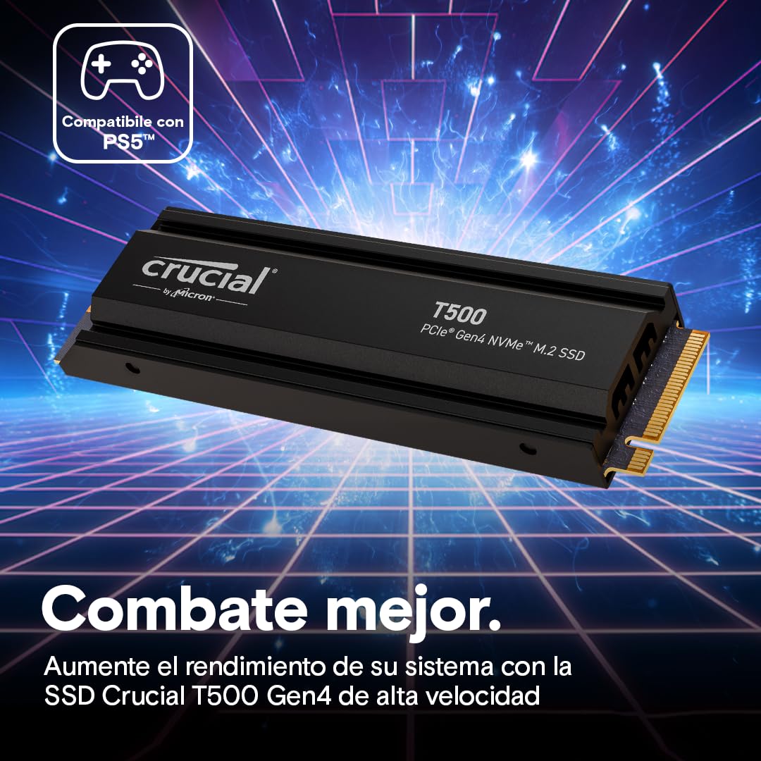 Crucial T500 SSD 1TB PCIe Gen4 NVMe M.2 PS5 SSD Interno Gaming con Disipador, hasta 7300 MB/s, Compatible Playstation 5, TLC NAND, Ordenador Portátil y de Sobremesa, Disco Duro SSD - CT1000T500SSD5