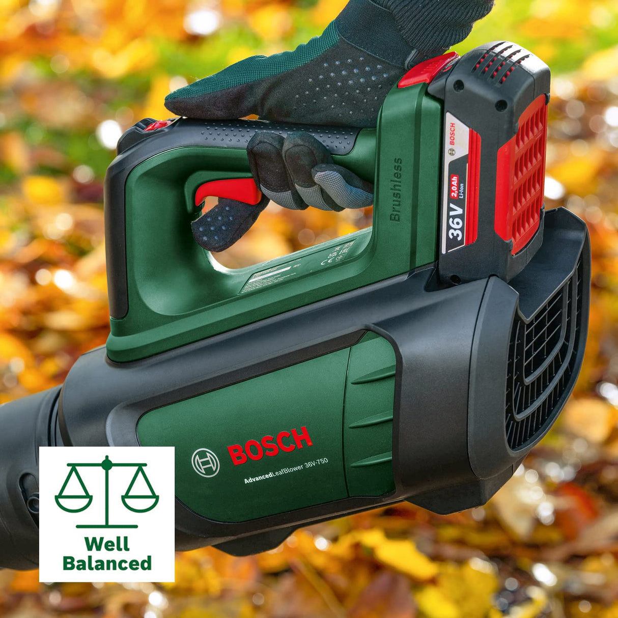 Bosch Soplador de Hojas Bosch AdvancedLeafblower 36V750 (batería de 2.0 Ah, Sistema de 36 voltios, para Eliminar Hojas Rebeldes en áreas Grandes, Peso: 3,5 kg)